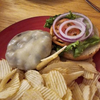 Cow Palace - CP burger with chips - American Near Me - Derby, Vermont