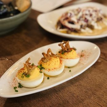 Plum Southern Kitchen & Bar - Plum Deviled Eggs. Dairy free without the crispy fried shallots. - American Near Me - Durham, North Carolina Plum Southern Kitchen & Bar - Plum Deviled Eggs. Dairy free without the crispy fried shallots. - American Near Me - Durham, North Carolina