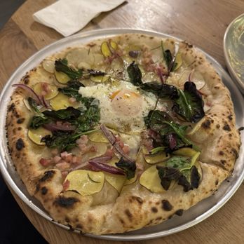 Number5 Kitchen - Breakfast pizza. Potato, pancetta, rosemary, spinach, egg. Amazing. This was the best pizza I have ever had. - New American Near Me - San Carlos, California