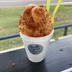 Welcome Home Denton Snow Cones - Chamoyada mango snow  with spicy mango gummies (tajin available)