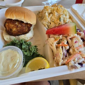 On The Bay Seafood - Crab cake sandwich platter with potato salad and coleslaw - Seafood Near Me - Ocean City, Maryland