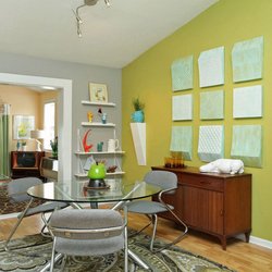 ABO DESIGN - Mid Century Modern MCM Dining Area Featuring Marie-Claude De Fouquières Tripod Dining Table.