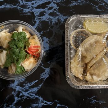 Sono Bana Japanese Restaurant - Left: Shrimp Shumai (steamed) Right; Pork Gyoza (fried) - Japanese Near Me - Hamden, Connecticut Sono Bana Japanese Restaurant - Left: Shrimp Shumai (steamed) Right; Pork Gyoza (fried) - Japanese Near Me - Hamden, Connecticut