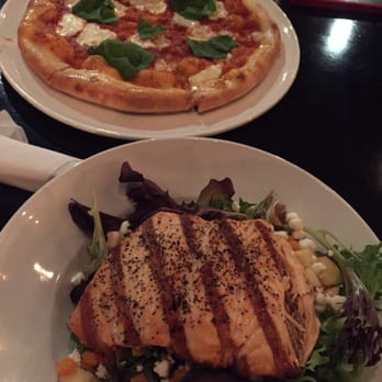 The Whiskey Kitchen - Margherita pizza and my salad with salmon. YUM! - Gastropubs Near Me - Virginia Beach, Virginia