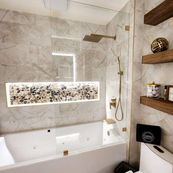 Oahu Frameless Glass - Frameless Shower Guard with Gold Hardware - Glass & Mirrors Near Me - Kailua, Hawaii Oahu Frameless Glass - Frameless Shower Guard with Gold Hardware - Glass & Mirrors Near Me - Kailua, Hawaii
