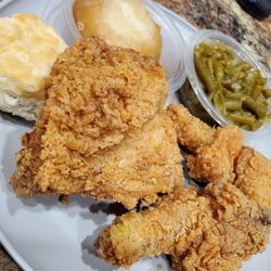 KFC - 3pc Big Box meal, crispy w/green beans and mashed potatoes and gravy.