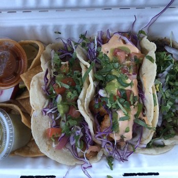 Dos Mundos - Left to right - Pork belly, shrimp and carne asada tacos! The shrimp one is my favorite! - New American Near Me - Newberg, Oregon