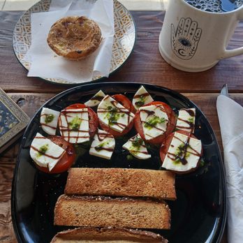 Roast & Co Cafe - Open Caprese sandwich and pastel de Natal for dessert. - Sandwiches Near Me - Kew Gardens, New York