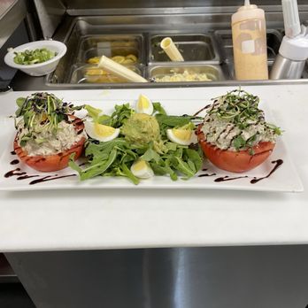 Berry Fresh Cafe - Stuffed tomatoes with tuna salad and chicken salad with balsamic glaze and fresh greens on top, avocado and eggs - Breakfast & Brunch Near Me - West Palm Beach, Florida Berry Fresh Cafe - Stuffed tomatoes with tuna salad and chicken salad with balsamic glaze and fresh greens on top, avocado and eggs - Breakfast & Brunch Near Me - West Palm Beach, Florida