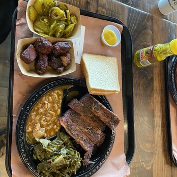 Heim Barbecue - River - Pork rib plate, collards and pintos. Side of bacon burnt ends. Oh my! - Barbeque Near Me - Fort Worth, Texas Heim Barbecue - River - Pork rib plate, collards and pintos. Side of bacon burnt ends. Oh my! - Barbeque Near Me - Fort Worth, Texas