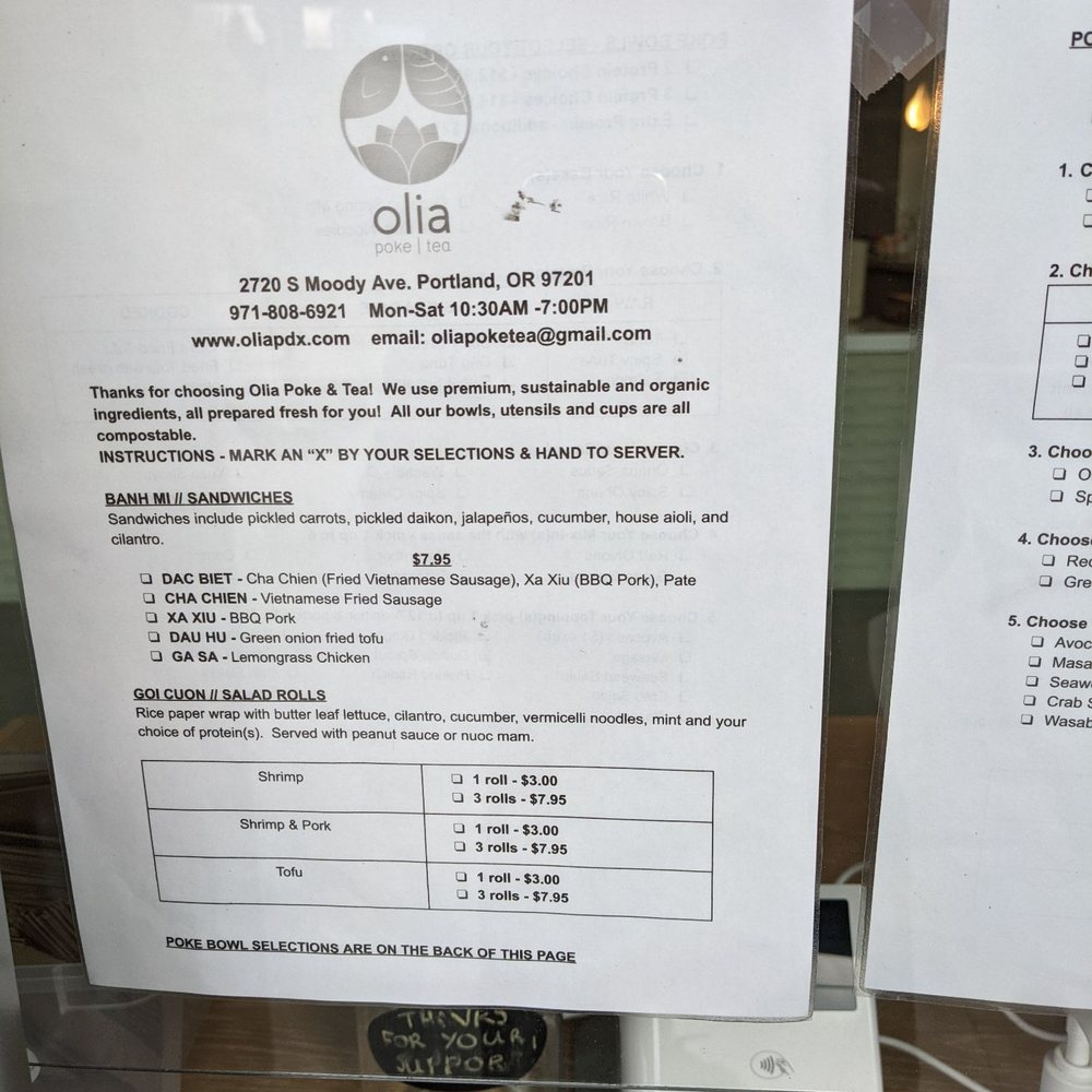 Olia Poke & Tea - Banh mi sandwiches, salad rolls menu - Poke Near Me - Portland, Oregon