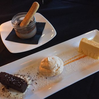 The Silver Grill - Creme brulee (background, soso) and trio of desserts (delish) - Canadian (New) Near Me - Vernon, British Columbia
