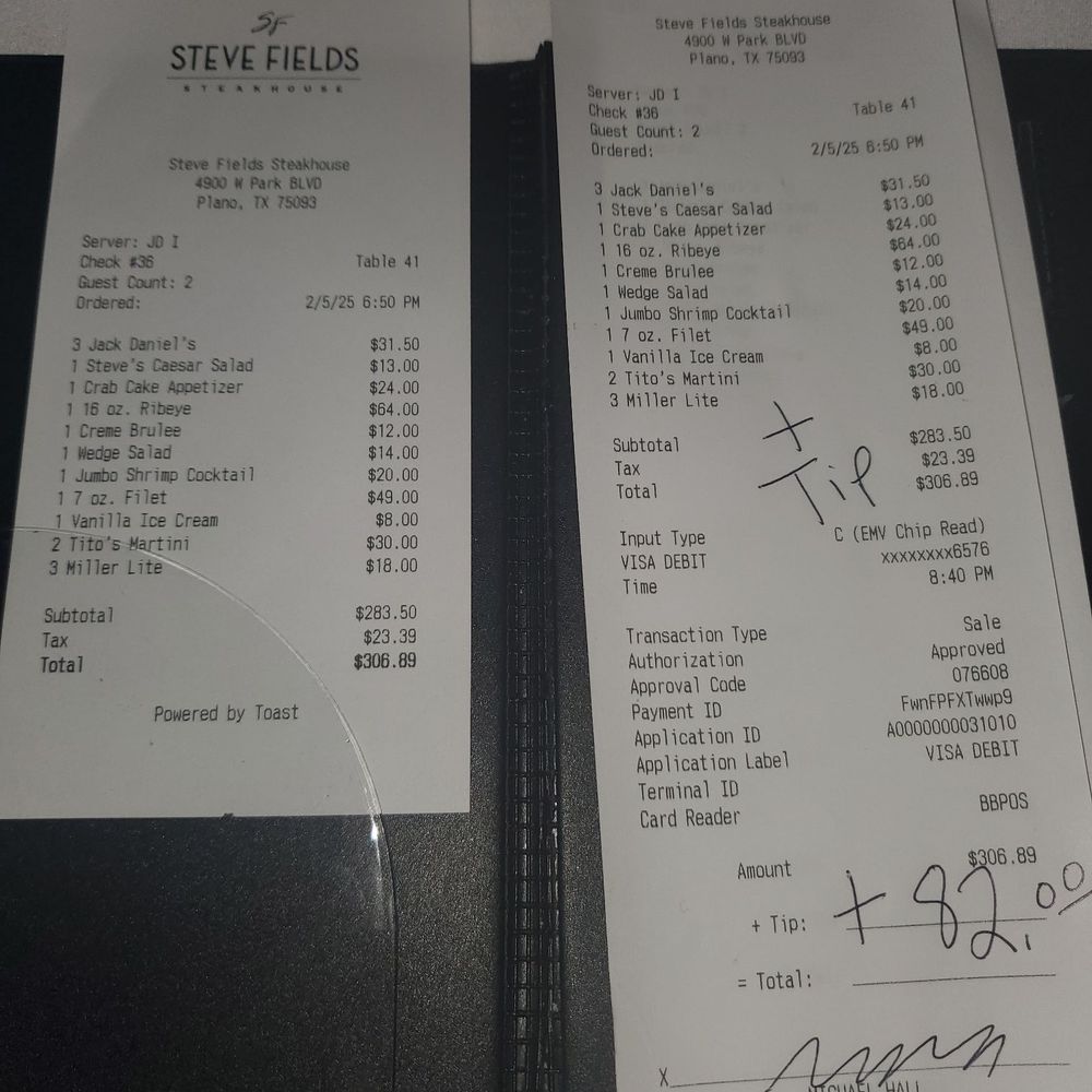 Steve Fields - Receipt - Steakhouses Near Me - Plano, Texas Steve Fields - Receipt - Steakhouses Near Me - Plano, Texas