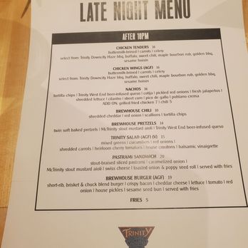 Trinity Brewhouse - Somewhat limited late night menu (online says this starts at 10 pm, on the phone they said 11 pm) - American Near Me - Providence, Rhode Island