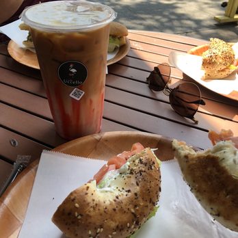 Cafe Uccello - Rose-cardamom Flavored Latte and Lox Bagel. - Breakfast & Brunch Near Me - Oakland, California