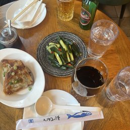 Scallion pancakes and cucumber salad
