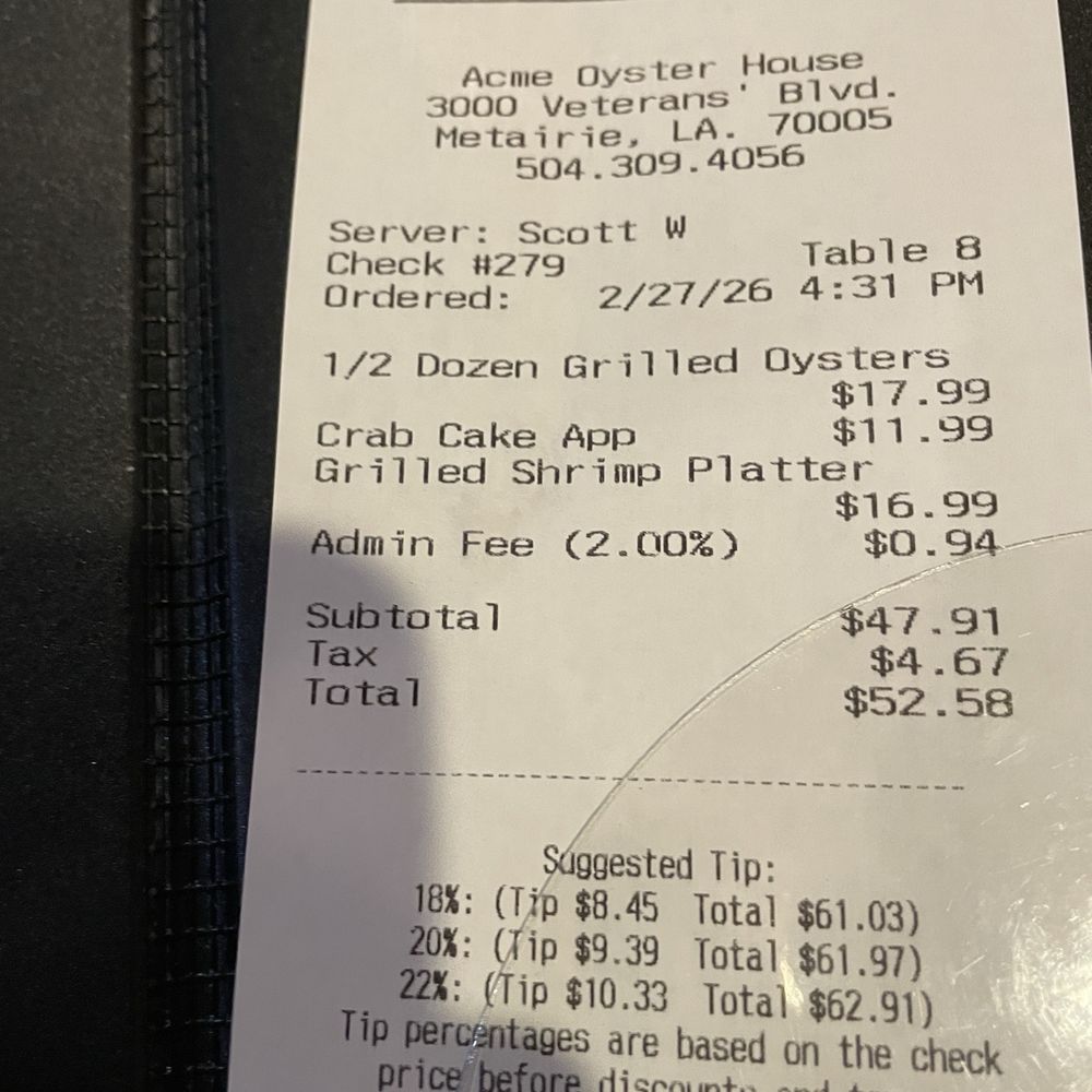 Acme Oyster House - Bill - Seafood Near Me - Metairie, Louisiana Acme Oyster House - Bill - Seafood Near Me - Metairie, Louisiana