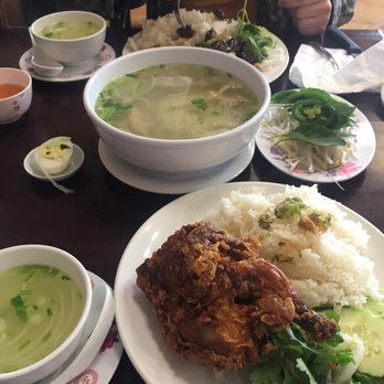 Pho Ha - Shared 201 (Chicken Pho), I have the 506 (Cornish hen), and boyfriend has 505 (sizzling diced beef). - Vietnamese Near Me - Glendale Heights, Illinois