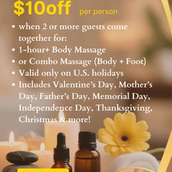 Moon Spa - Holiday Special - One Day Only!
Celebrate with Relaxation at Moon Massage!
$10 OFF per person
when 2 or more guests come together for