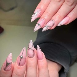 Pink Stiletto Nails with Silver Chrome Nail Art