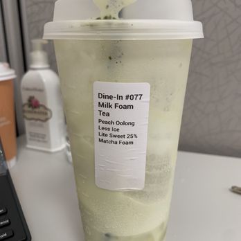 Feng Cha Teahouse - Custom peach oolong matcha foam less ice 75% sweet - Desserts Near Me - Richardson, Texas