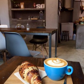 Hanso Café - Flat white with chocolate croissant. Yum! - Coffee & Tea Near Me - Madrid, M Hanso Café - Flat white with chocolate croissant. Yum! - Coffee & Tea Near Me - Madrid, M