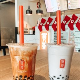 Dirty brown sugar milk tea, taro milk tea with boba Dirty brown sugar milk tea, taro milk tea with boba