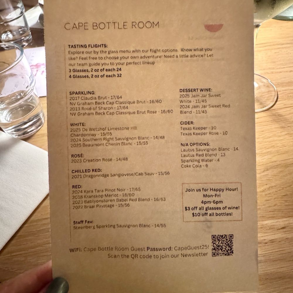 Cape Bottle Room - Menu - Wine Bars Near Me - Austin, Texas