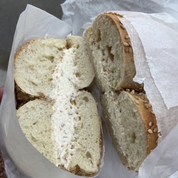 Kupel's Bakery - Sesame bagel with olive cream cheese - Bakeries Near Me - Brookline, Massachusetts
