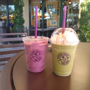 The Coffee Bean & Tea Leaf - Pomegranate blueberry smoothie (non diary) and coconut matcha latte blended - Coffee & Tea Near Me - Irvine, California The Coffee Bean & Tea Leaf - Pomegranate blueberry smoothie (non diary) and coconut matcha latte blended - Coffee & Tea Near Me - Irvine, California