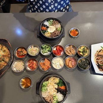 Tofu Plus - Veggie Pancake (Yachae Pajeon), Veggie Japchae, Banchan, Beef Dolsot Bibimbap, Veggie Dolsot Bibimbap - Korean Near Me - Cupertino, California