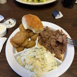 Bad Bob's Barbeque - Brisket Plate with fried pickles and Cole slaw.