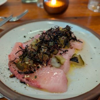 Crusco - Hamachi Crudo with shiso and grilled cucumber - Sushi Bars Near Me - Asheville, North Carolina Crusco - Hamachi Crudo with shiso and grilled cucumber - Sushi Bars Near Me - Asheville, North Carolina