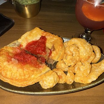 Labyrinth Workshop - Don't worry it's not REAL blood' sweeny todd meat pie and a super amazing mezcal red fog drank that I want more of immediately - Cocktail Bars Near Me - Buffalo, New York