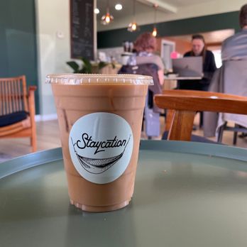 Staycation - Lavender iced latte with oat milk. Under $6 - Coffee & Tea Near Me - Richardson, Texas