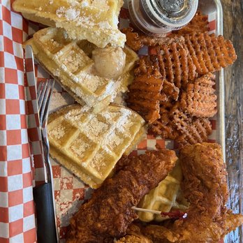 The Cookshack - Chicken and Waffles - 2 medium heat tenders & 1 Texas Hot tender with the toothpick in it - Chicken Shop Near Me - Houston, Texas