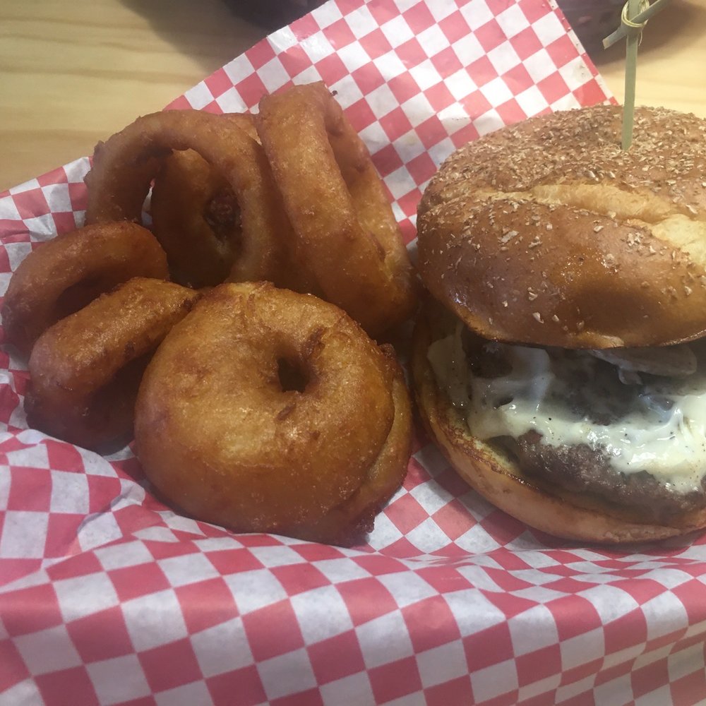 AJ's - Mushroom Swiss with onion rings - American Near Me - West Lafayette, Indiana AJ's - Mushroom Swiss with onion rings - American Near Me - West Lafayette, Indiana