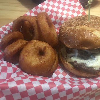AJ's - Mushroom Swiss with onion rings - American Near Me - West Lafayette, Indiana