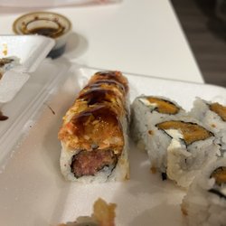 Sakura Sushi Depot - Inside view of SR14. Awesome Roll Special R16. Sweet Potato Roll (w/ added cream cheese) also pictured.