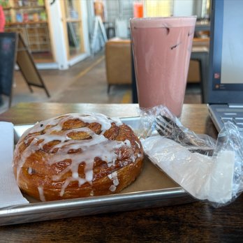 Ironworks HTX - Warm Cinnamon Roll with Iced Red Velvet Tea. - Coffee & Tea Near Me - Houston, Texas