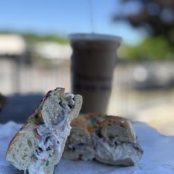 Fruity Pebble Bagel with Oreo Cream Cheese and Large Iced Coffee