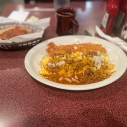 Sunny Side Up - Chili cheese omelette with homemade cinnamon raisin toast. Great coffee as well.