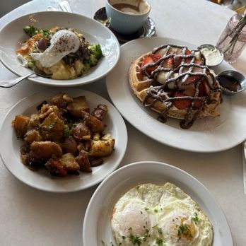Immigrant Son Caffe - Nonna's polenta, side of potatoes, eggs and Belgian waffle with banana, strawberry and Nutella. - New American Near Me - Ventura, California Immigrant Son Caffe - Nonna's polenta, side of potatoes, eggs and Belgian waffle with banana, strawberry and Nutella. - New American Near Me - Ventura, California