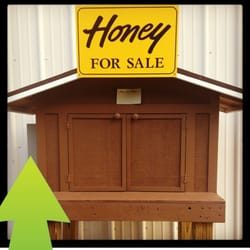 Anthony's Local Honey - Self service honey shack! Place money in the metal box. See green Arrow left of picture