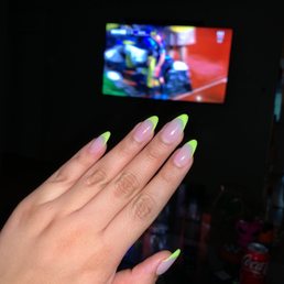 Neon yellow french tip w/ almond shape Neon yellow french tip w/ almond shape
