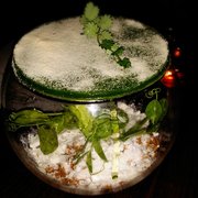 Photo of Red Medicine - Beverly Hills, CA, United States. Trout roe $19 buried beneath a savory lemon custard, sunflower seed granola, raw snap peas and an ice made from their shells