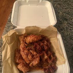 Sidebar - This is what showed up when I ordered. It's chicken and waffles covered in hot sauce and syrup.