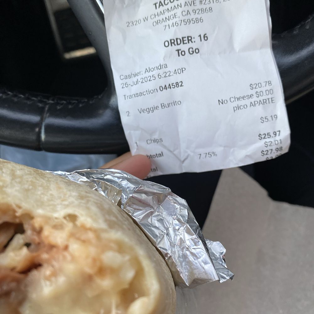 The Taco Boss - Receipt saying no cheese and pico de gallo on the side - Tacos Near Me - Orange, California