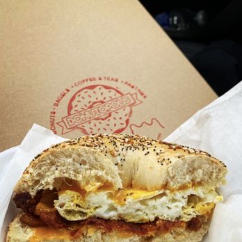 Donutopolis - Egg and Cheese Sandwich with Meat (bacon) on everything bagel - Donuts Near Me - Poway, California