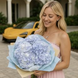 Miami Flower Delivery - Cool blue hydrangeas in a hand-tied bouquet -- elegant gift photo by villa with luxury car, same-day Miami delivery
